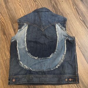 True Religion Distressed Two-Tone Denim Vest in Dark and Light Blue